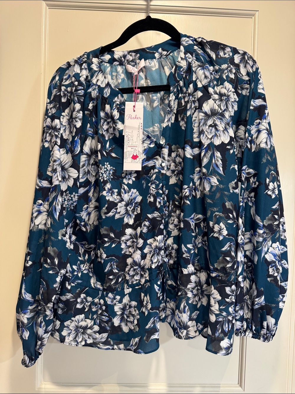 New Parker New York Satin Teal White Floral V-Neck Blouse tie waist M
